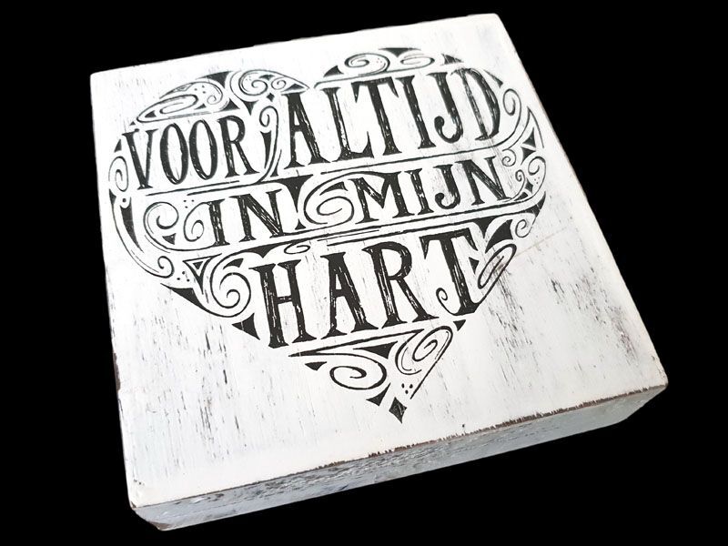 tekstblok 15x15cm voor altijd in mijn hart antique white